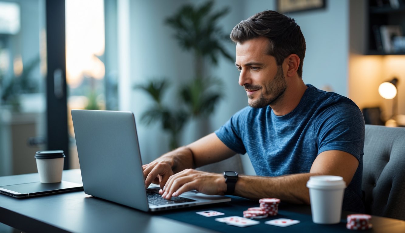 Seorang pria fokus bermain poker online di depan laptop dengan chip dan kartu poker di meja.