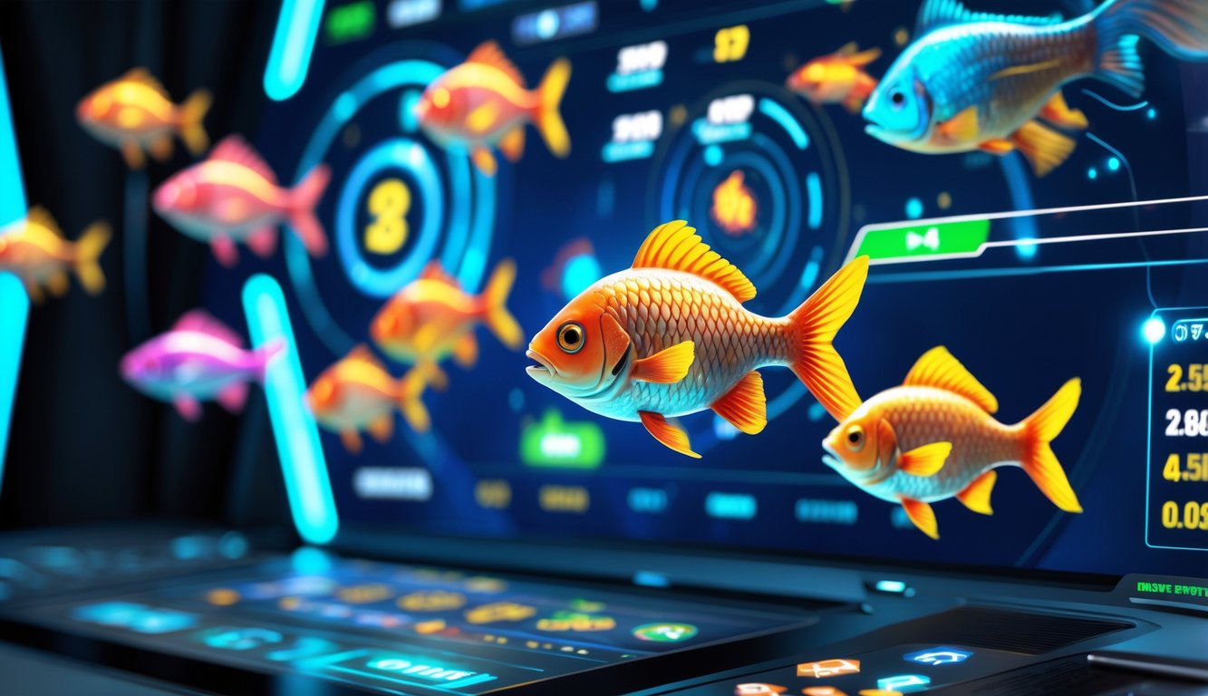Tampilan layar permainan tembak ikan online dengan ikan berwarna-warni dan antarmuka permainan digital.