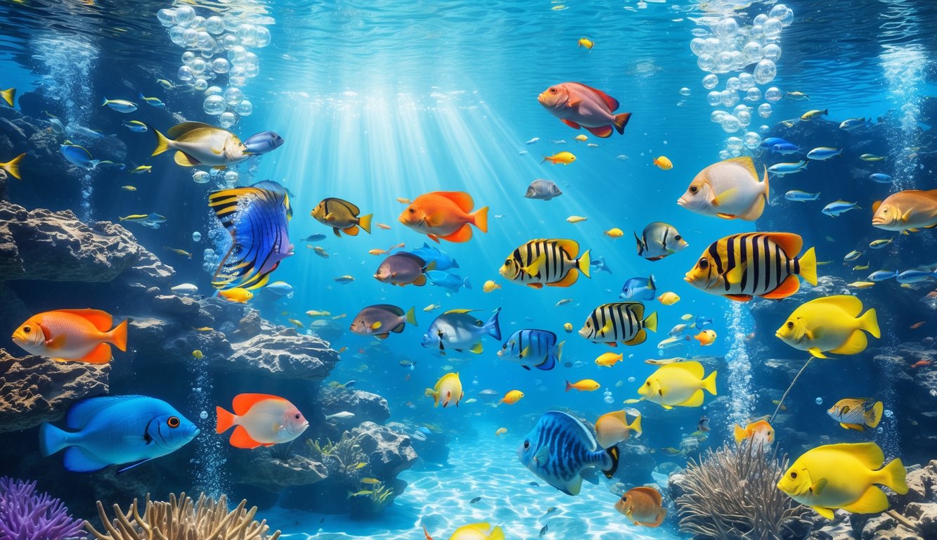 Pemandangan bawah laut dengan ikan tropis berwarna-warni berenang di sekitar terumbu karang.