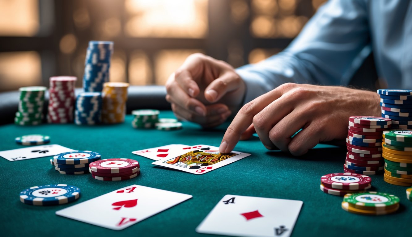 Meja poker dengan kartu dan tumpukan chip, tangan pemain memegang kartu dengan fokus.