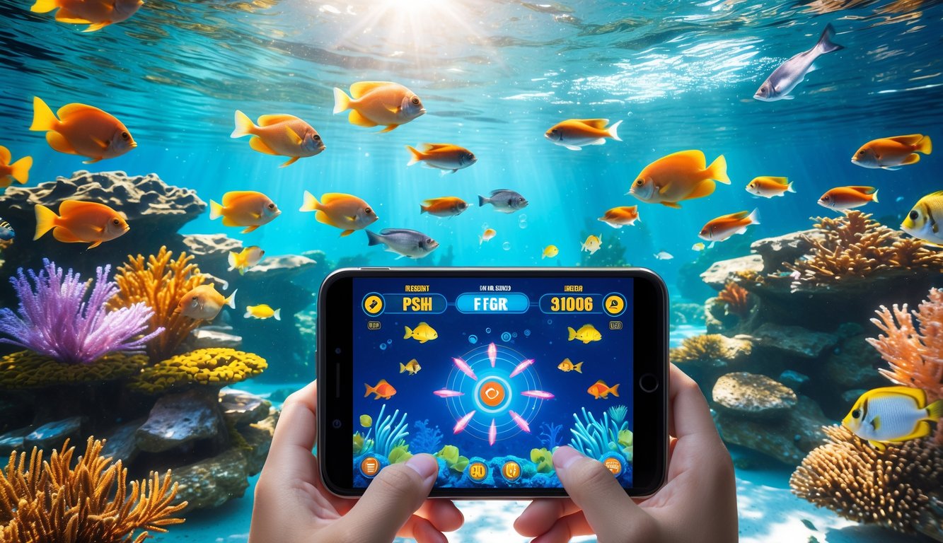 Pemandangan bawah laut dengan ikan tropis berwarna-warni dan layar perangkat digital menampilkan permainan tembak ikan.