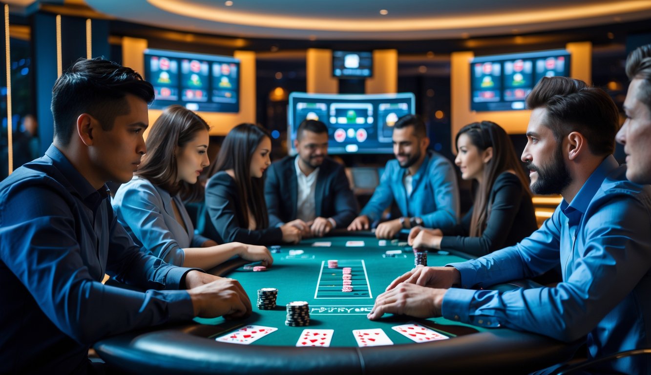 Sekelompok pemain poker fokus bermain di meja poker modern dengan layar digital dan suasana kompetitif.
