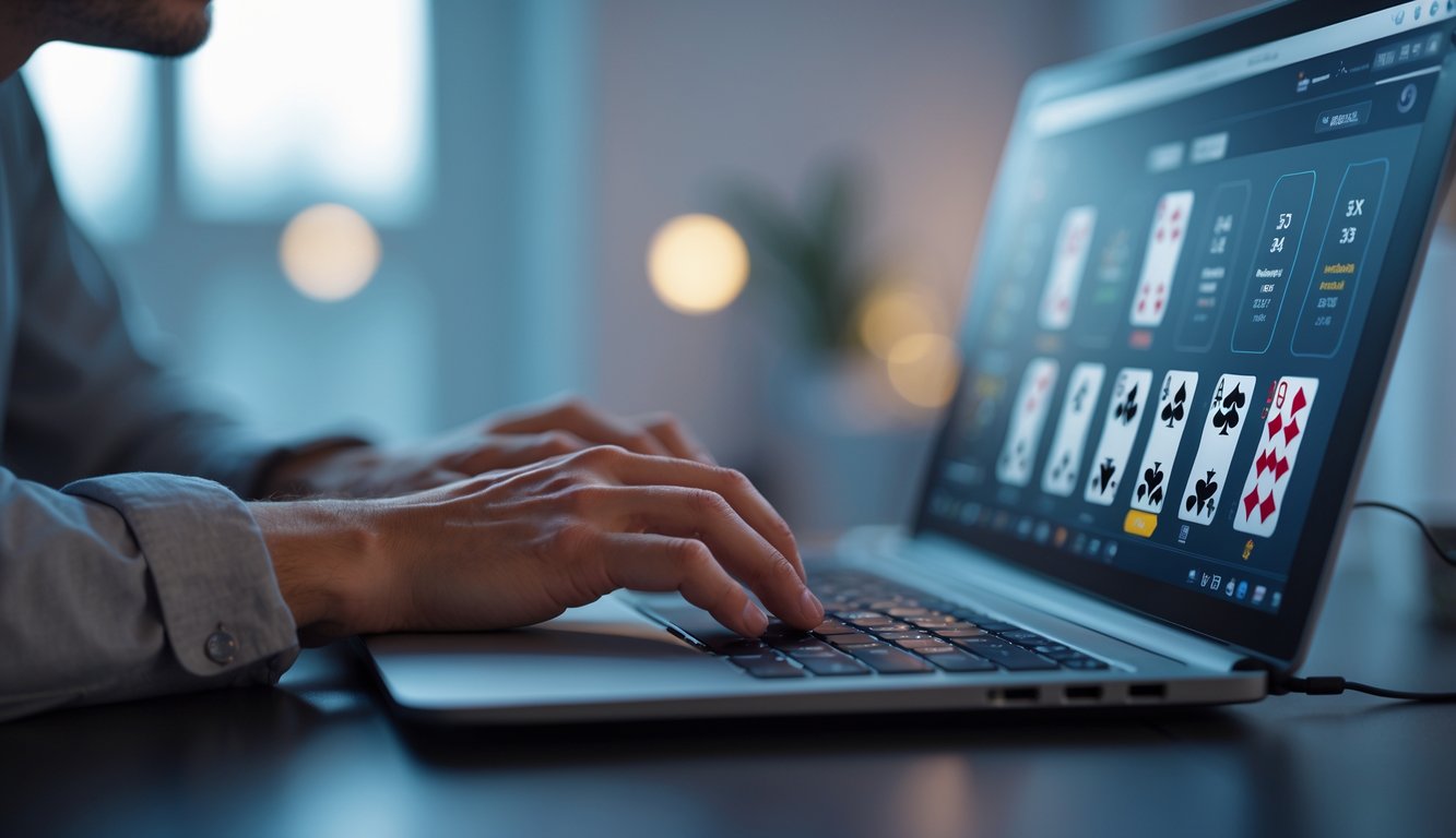 Seseorang duduk di depan laptop dengan fokus tinggi saat bermain poker online di ruang kerja yang rapi.