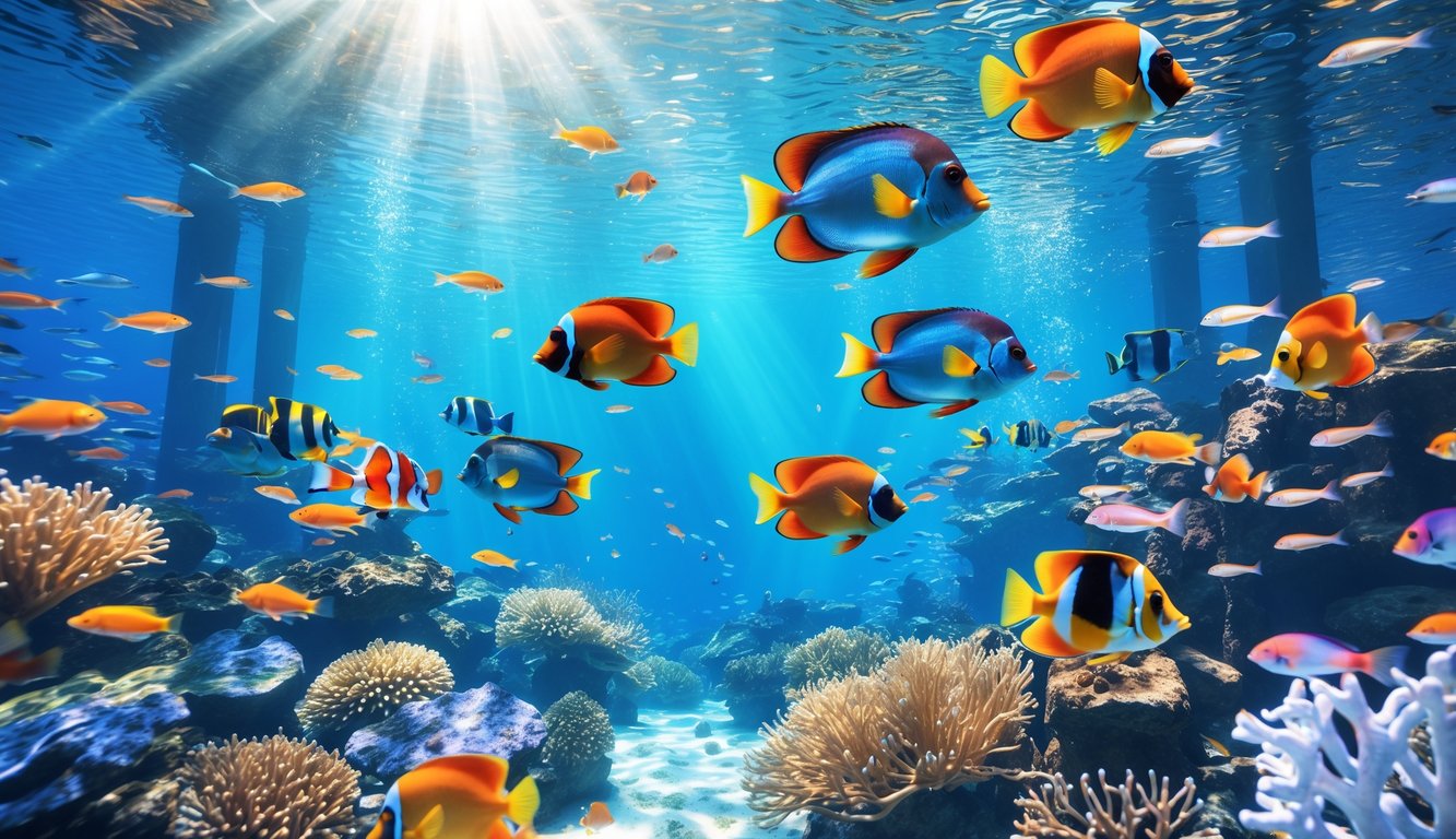 Pemandangan bawah laut dengan berbagai ikan tropis berwarna-warni berenang di antara terumbu karang yang indah.