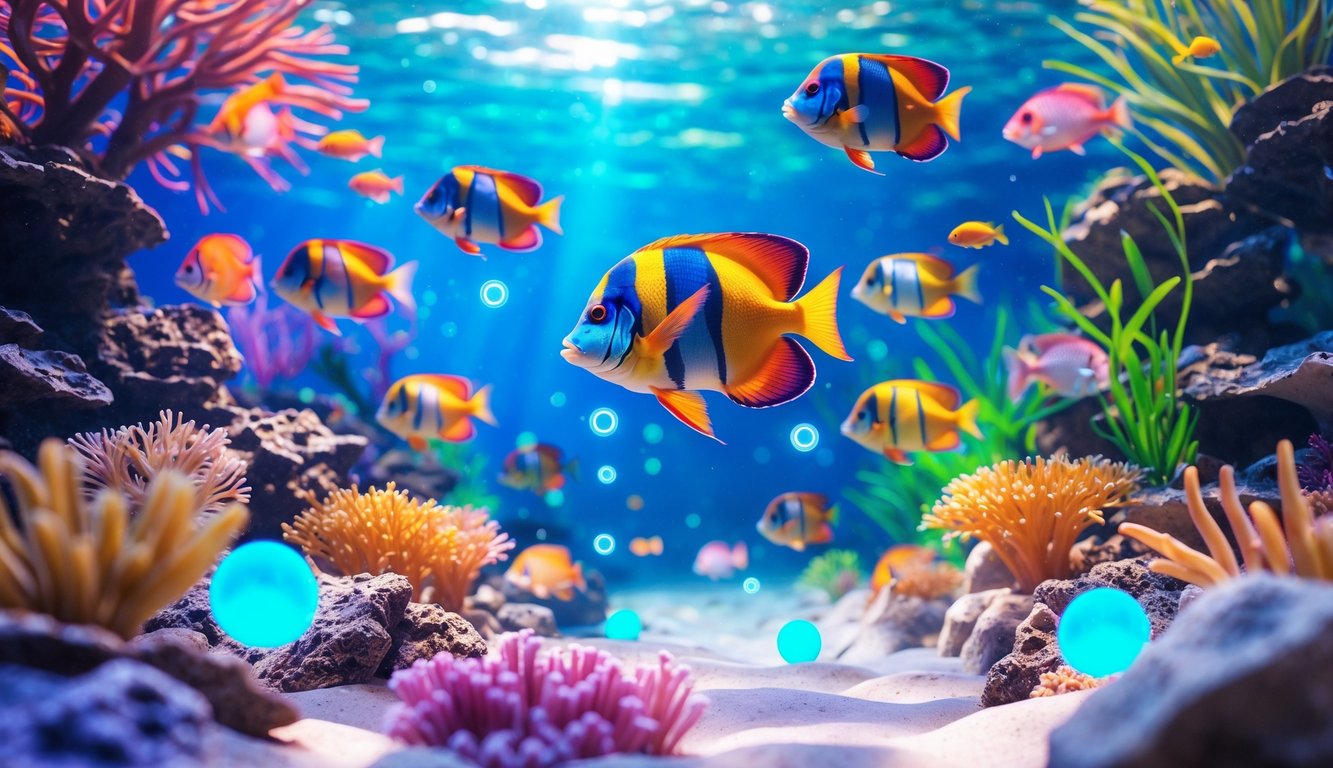 Adegan bawah laut dengan ikan tropis berwarna-warni dan terumbu karang yang hidup, menampilkan suasana permainan menembak ikan yang menarik.