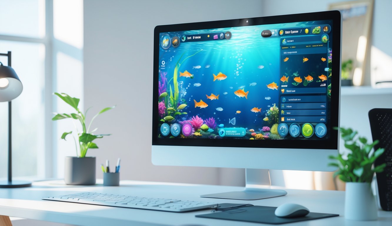 Layar komputer menampilkan permainan memancing online dengan ikan berwarna-warni di bawah air di sebuah ruang kerja yang rapi.