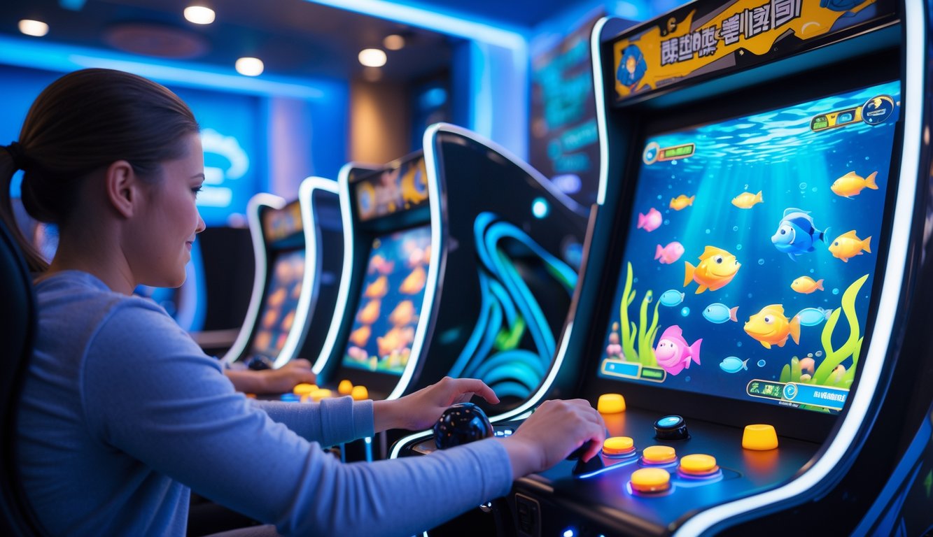 Suasana ruang permainan modern dengan mesin arcade ikan yang menyala dan tangan pemain yang sedang bermain.