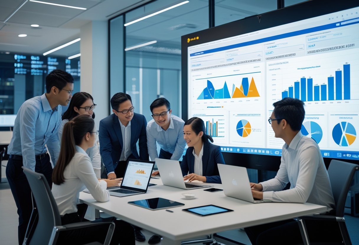 A group of professionals collaborating around a digital screen displaying charts and data in a modern office with a view of Singapore landmarks.