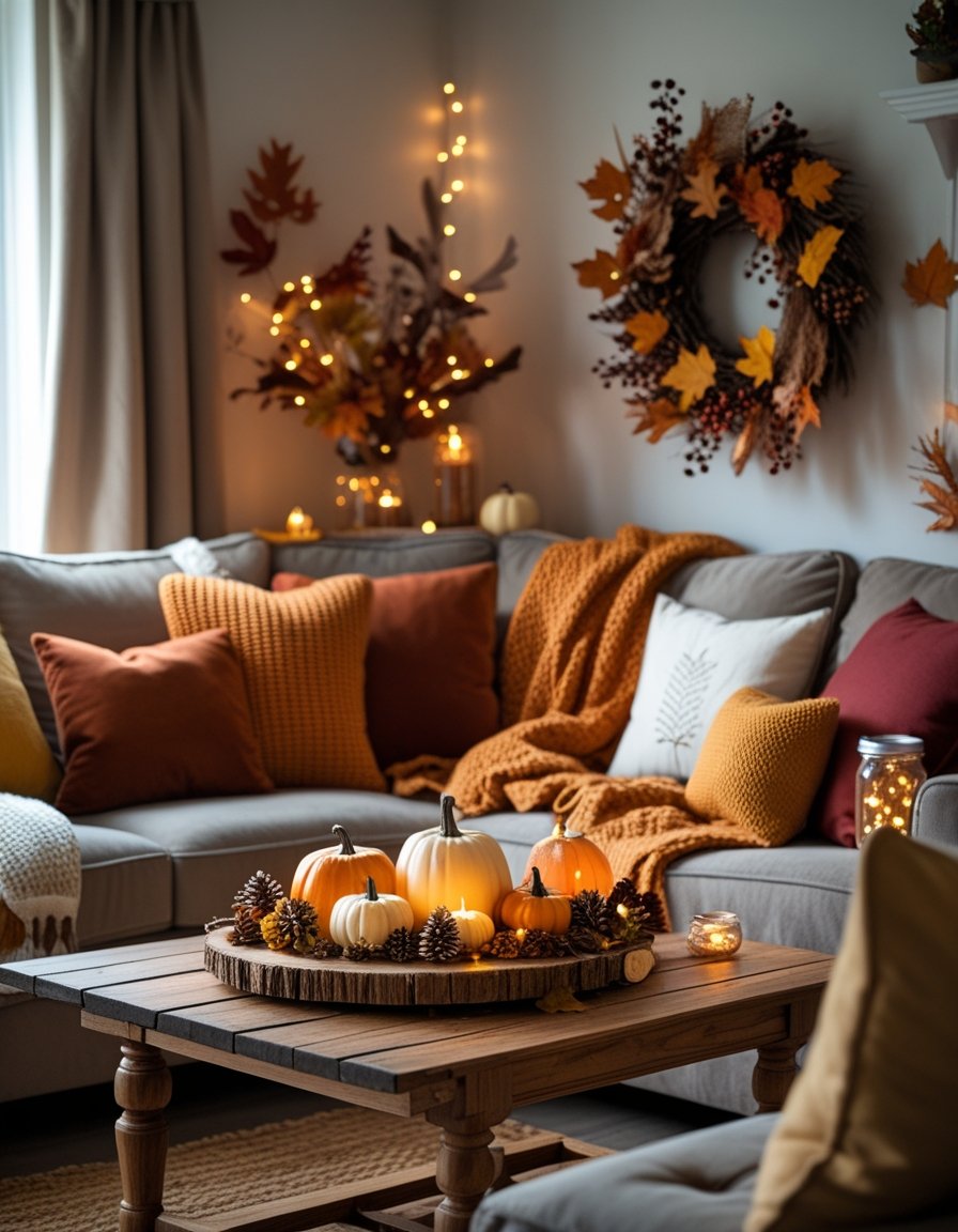 A cozy living room decorated with handmade fall decorations including pumpkins, pinecones, dried leaves, knitted blankets, and a wreath.