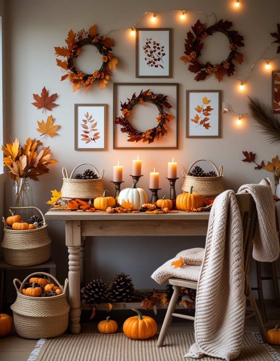 A cozy fall-themed indoor scene with a wooden table decorated with pumpkins, candles, autumn leaves, and woven baskets, with fall accents on the wall behind.