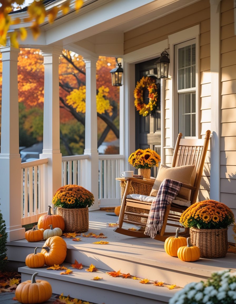 A cozy front porch decorated with pumpkins, autumn leaves, flowers, and a rocking chair in warm golden sunlight.