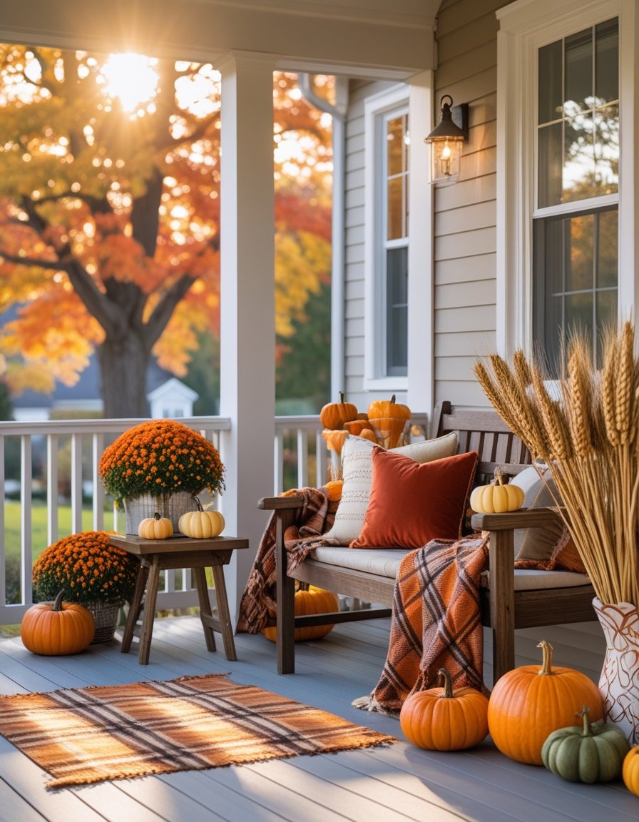 A cozy autumn porch decorated with pumpkins, fall leaves, potted flowers, and rustic wooden furniture in warm sunlight.