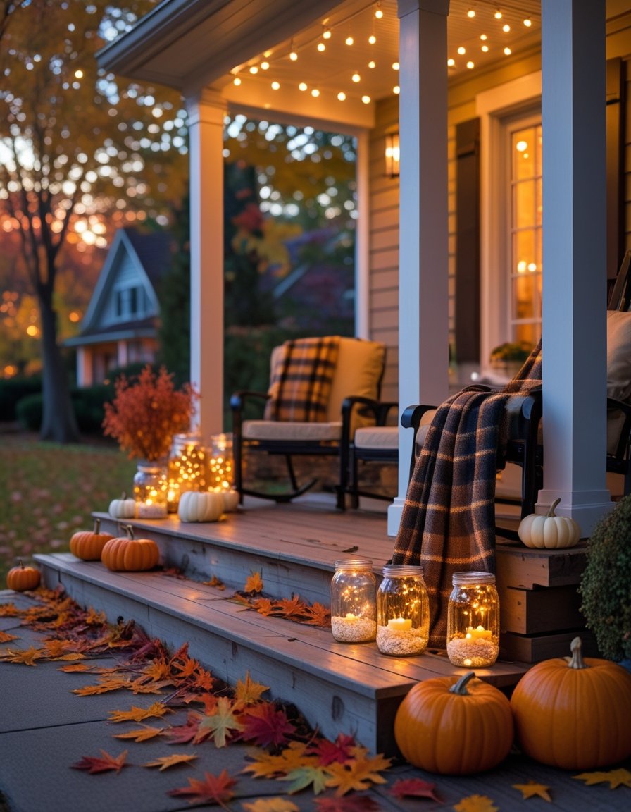 A cozy autumn porch at sunset with warm string lights, lanterns, pumpkins, and colorful fall leaves surrounding comfortable seating.