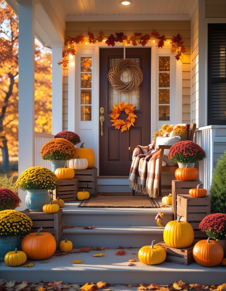 A front porch decorated with pumpkins, fall leaves, potted flowers, and cozy blankets bathed in warm autumn sunlight.