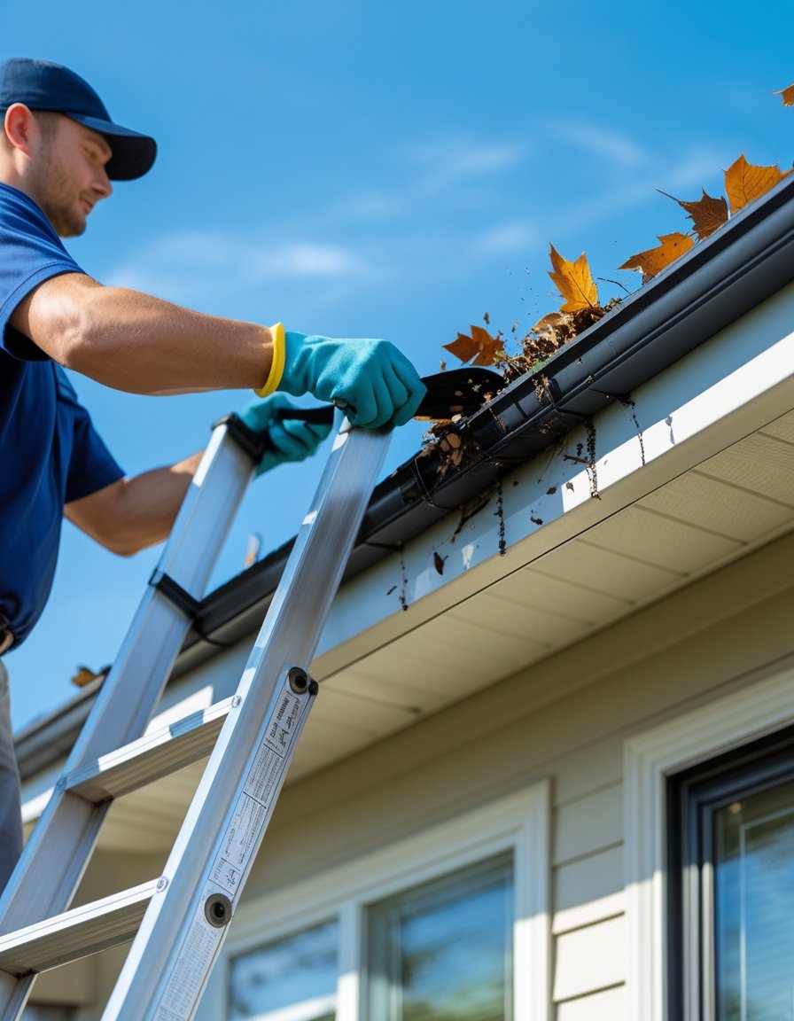 Person cleaning leaves and debris from a house gutter using a ladder and hand tool.