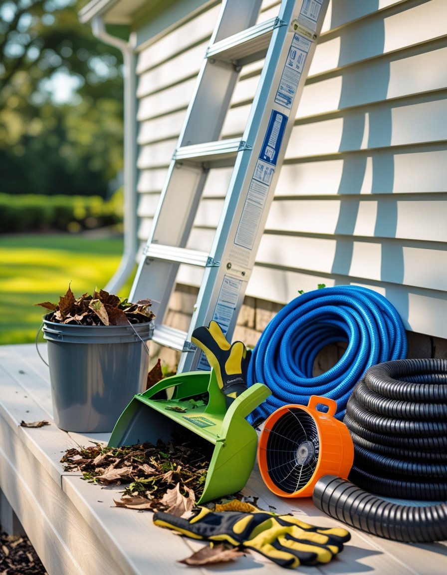 A set of gutter cleaning tools including a ladder, gloves, gutter scoop with leaves, garden hose, bucket, leaf blower, and safety harness arranged outdoors near a house.