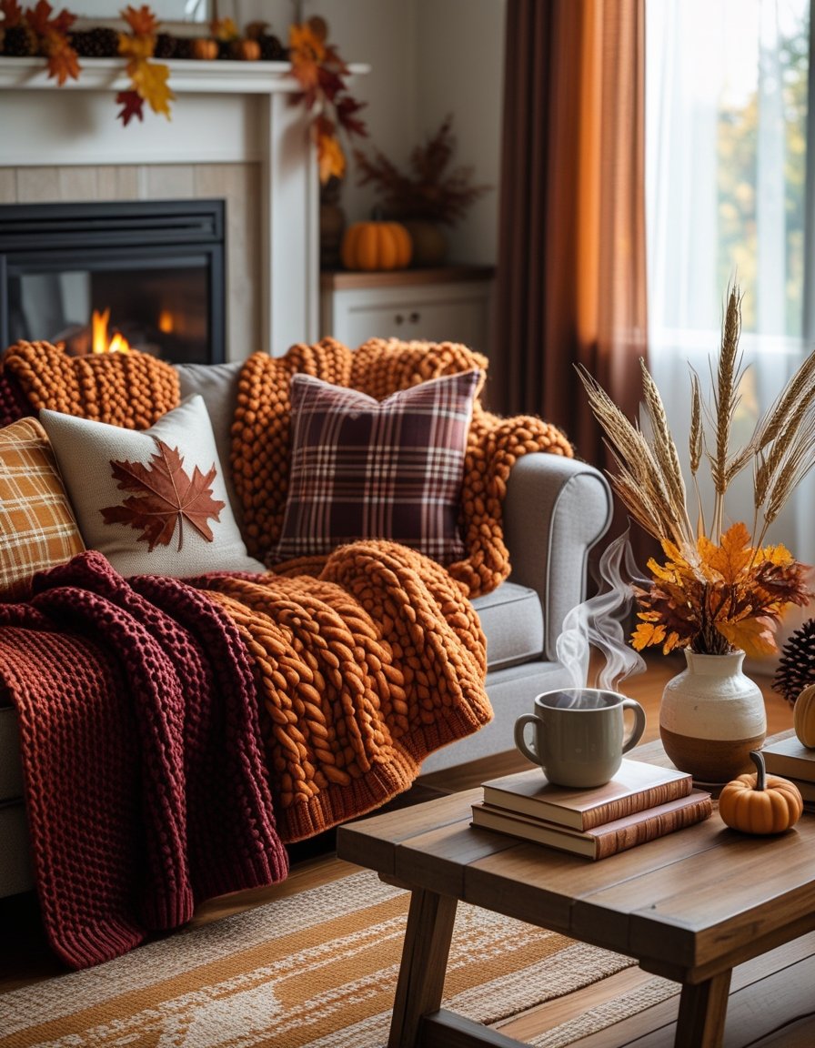 A cozy living room with a sofa covered in knit blankets and patterned pillows, a wooden coffee table with a steaming mug and fall decorations, and a fireplace in the background.