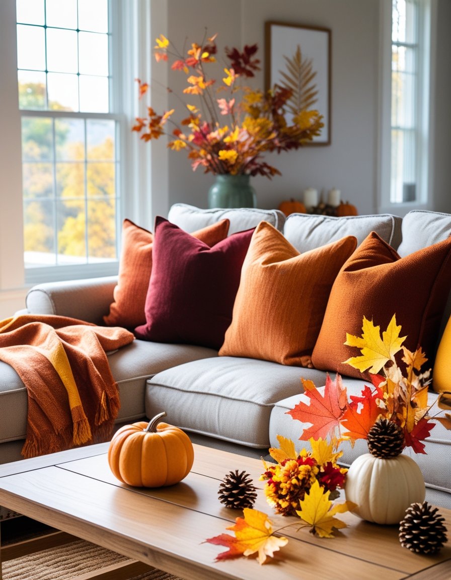 A living room decorated with fall colors, featuring a sofa with autumn-colored pillows, a coffee table with a small pumpkin, fall leaves, and pinecones.