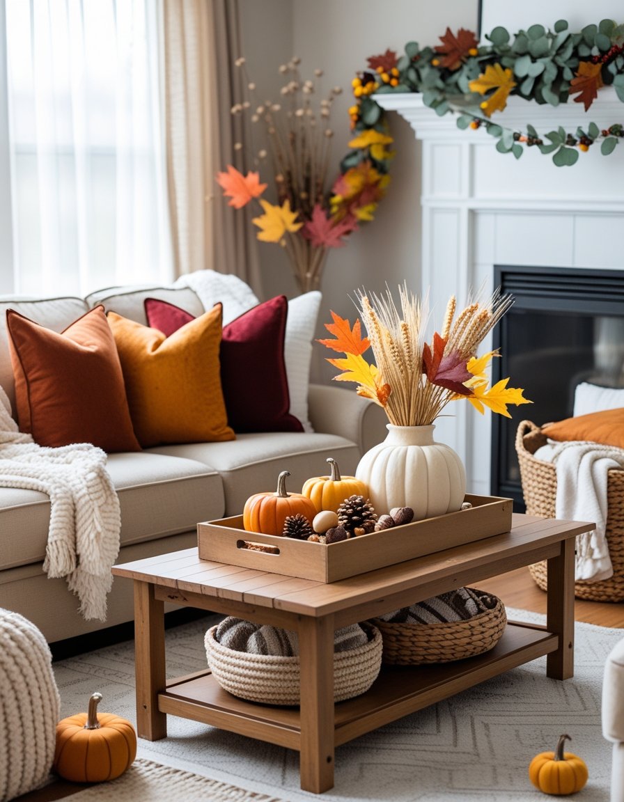 A living room decorated with fall-themed natural elements including pumpkins, dried wheat, colorful leaves, and cozy pillows on a sofa.