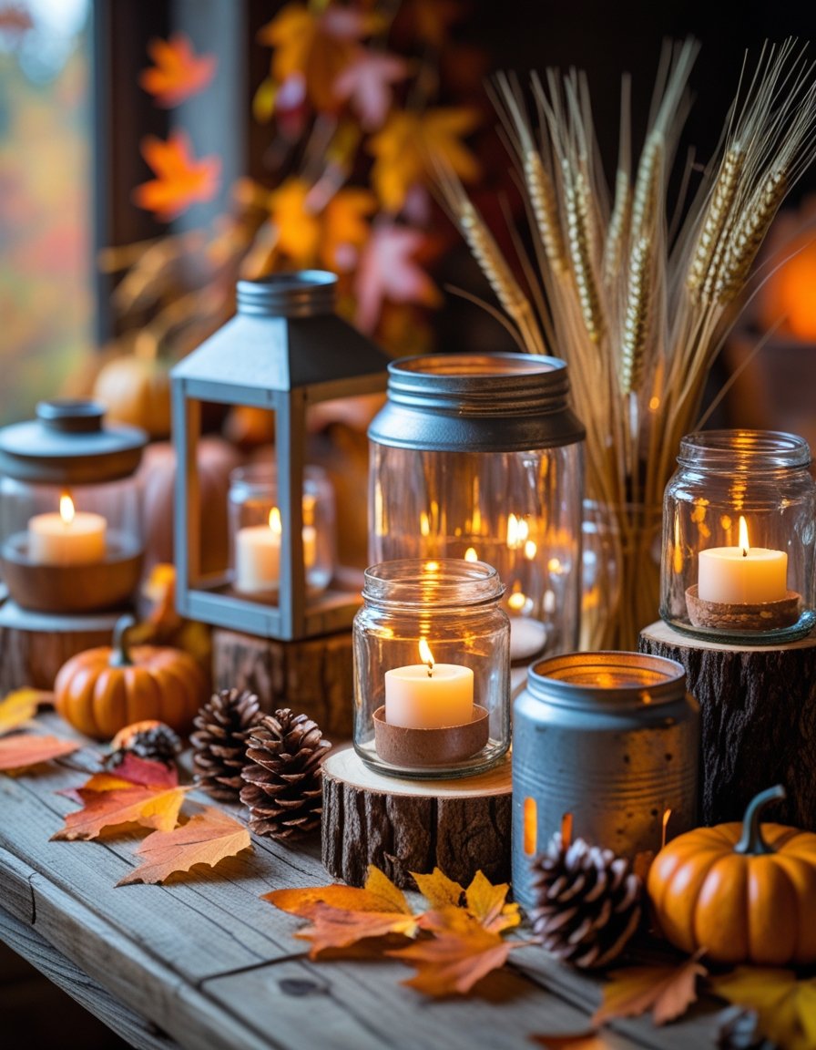 A wooden table with handmade candle holders and lanterns glowing softly, surrounded by autumn leaves, pinecones, and small pumpkins.