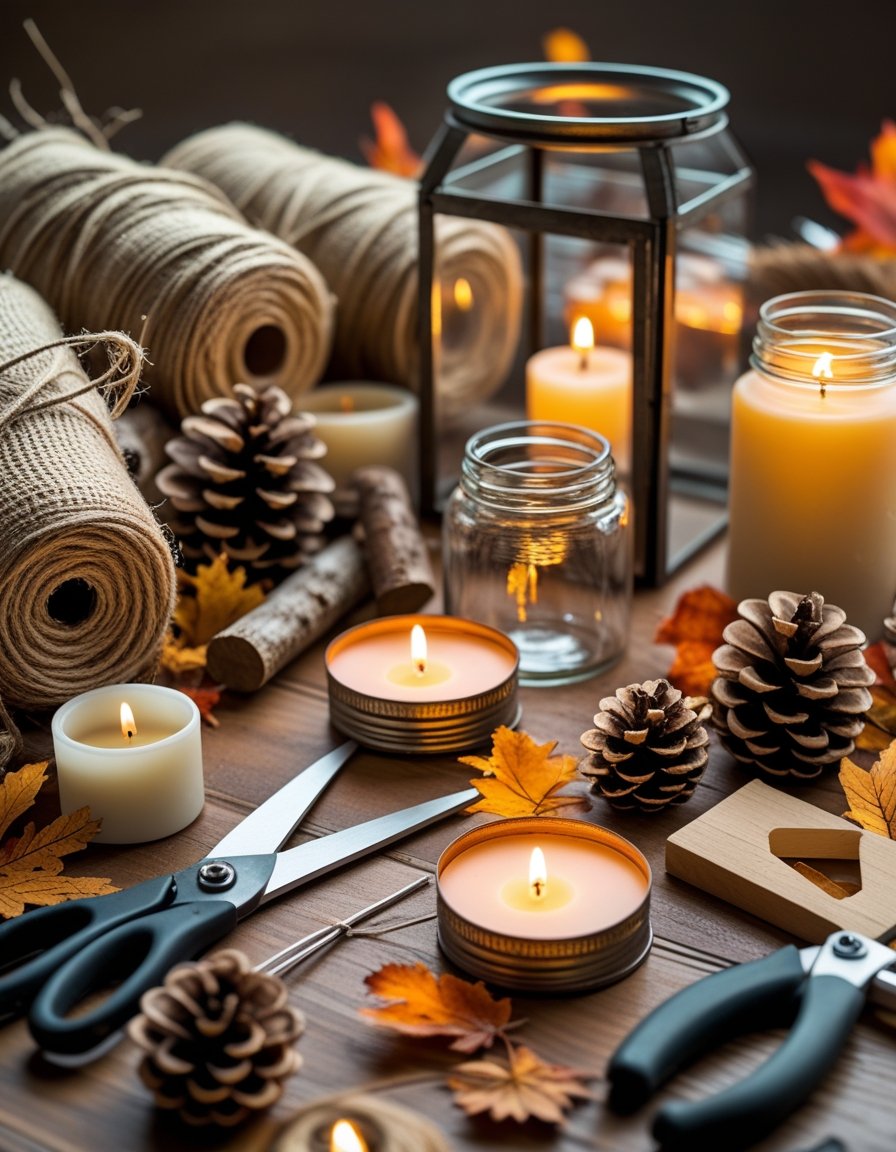 A wooden table with natural materials and tools for making rustic candle holders and lanterns, including twine, burlap, pinecones, dried leaves, glass jars, metal frames, and candles.
