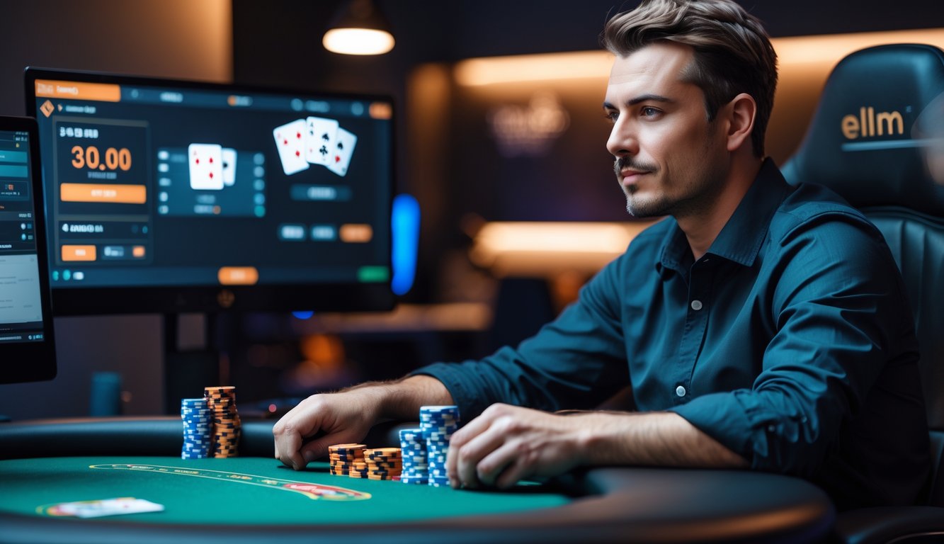 Seorang pemain poker duduk di depan komputer dengan ekspresi fokus, memegang kartu dan chip poker di meja permainan online.