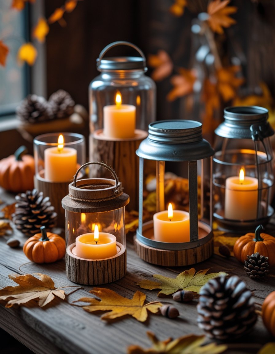 A wooden table with handmade candle holders and lanterns glowing warmly, surrounded by autumn leaves, pinecones, and small pumpkins.