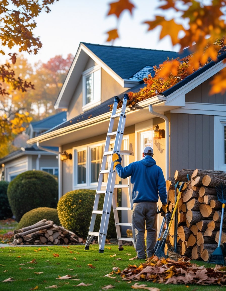 A person cleaning gutters on a suburban house during fall with autumn leaves and gardening tools nearby.