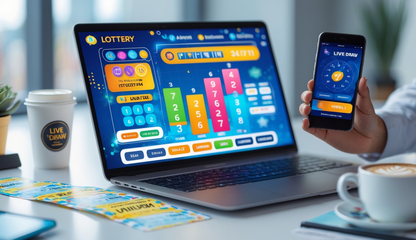 Seorang pengguna sedang melihat hasil live draw togel online di laptop dengan tiket togel dan ponsel di atas meja.