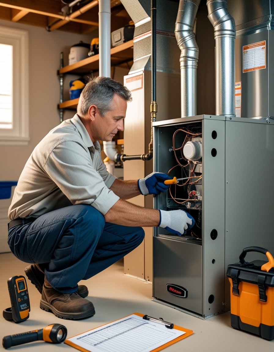 A person inspecting and maintaining a home heating system in a basement utility room.
