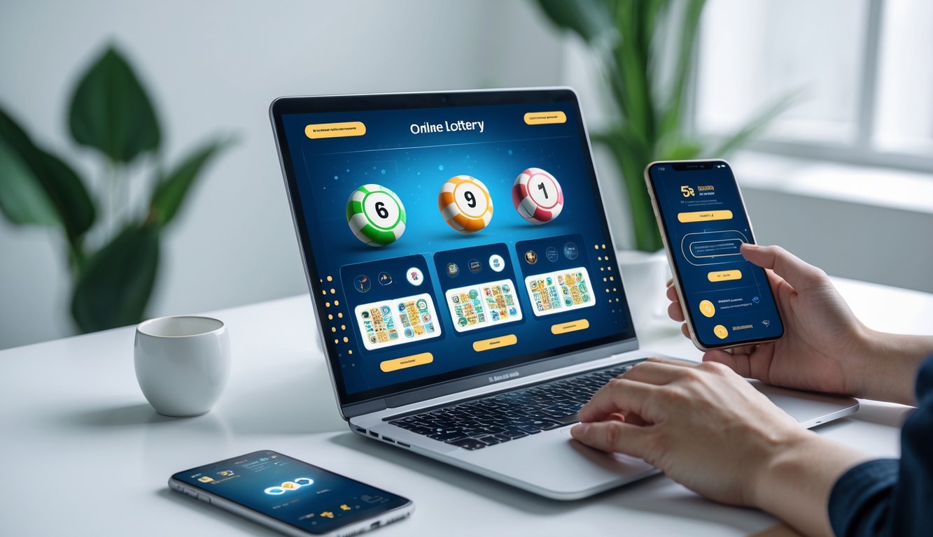 Orang menggunakan laptop dan ponsel di meja kerja yang rapi untuk bermain togel online dengan tampilan yang modern dan aman.