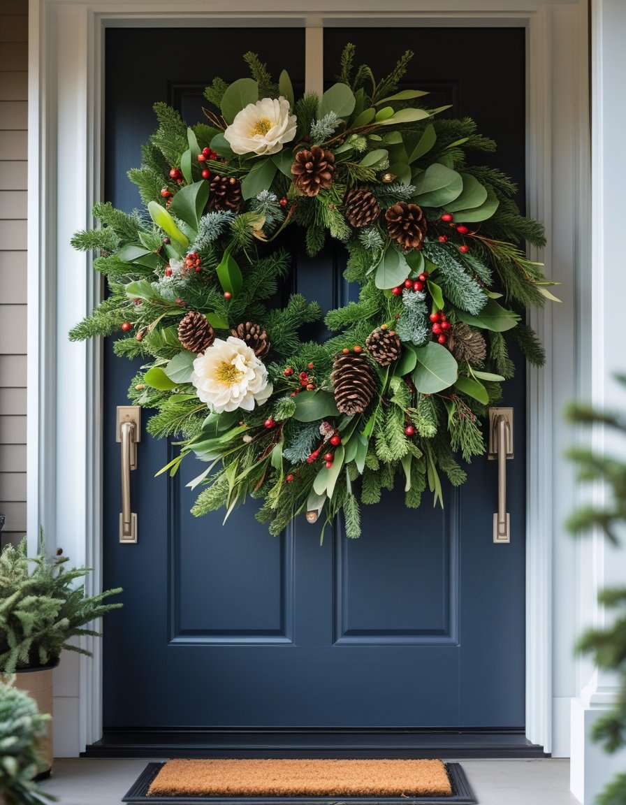 Front door decorated with a large handmade wreath made of greenery and flowers, with a clean doorstep and potted plants nearby.