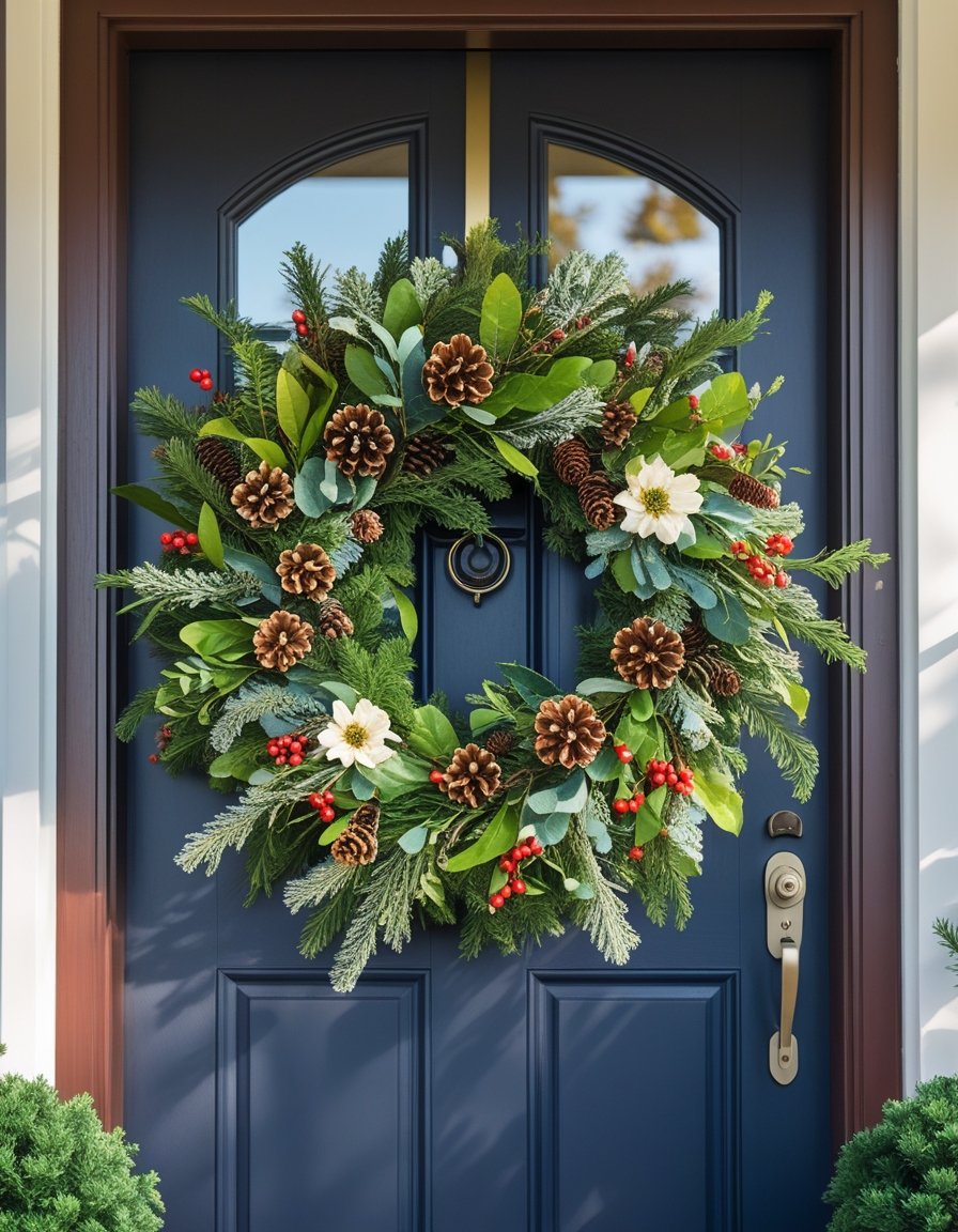 A front door decorated with a colorful handmade wreath surrounded by greenery and seasonal elements.