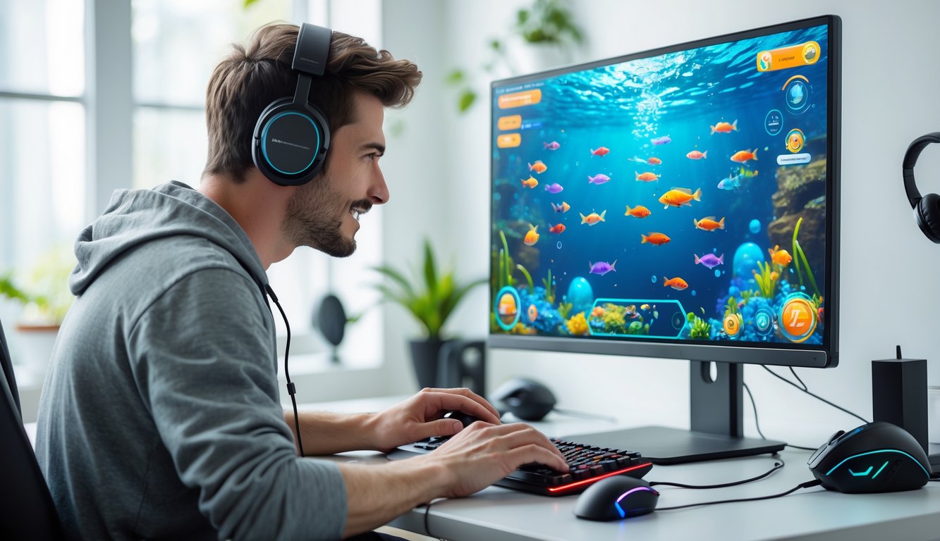 Seorang pria muda sedang bermain game tembak ikan online di depan komputer di sebuah ruangan yang terang dan rapi.