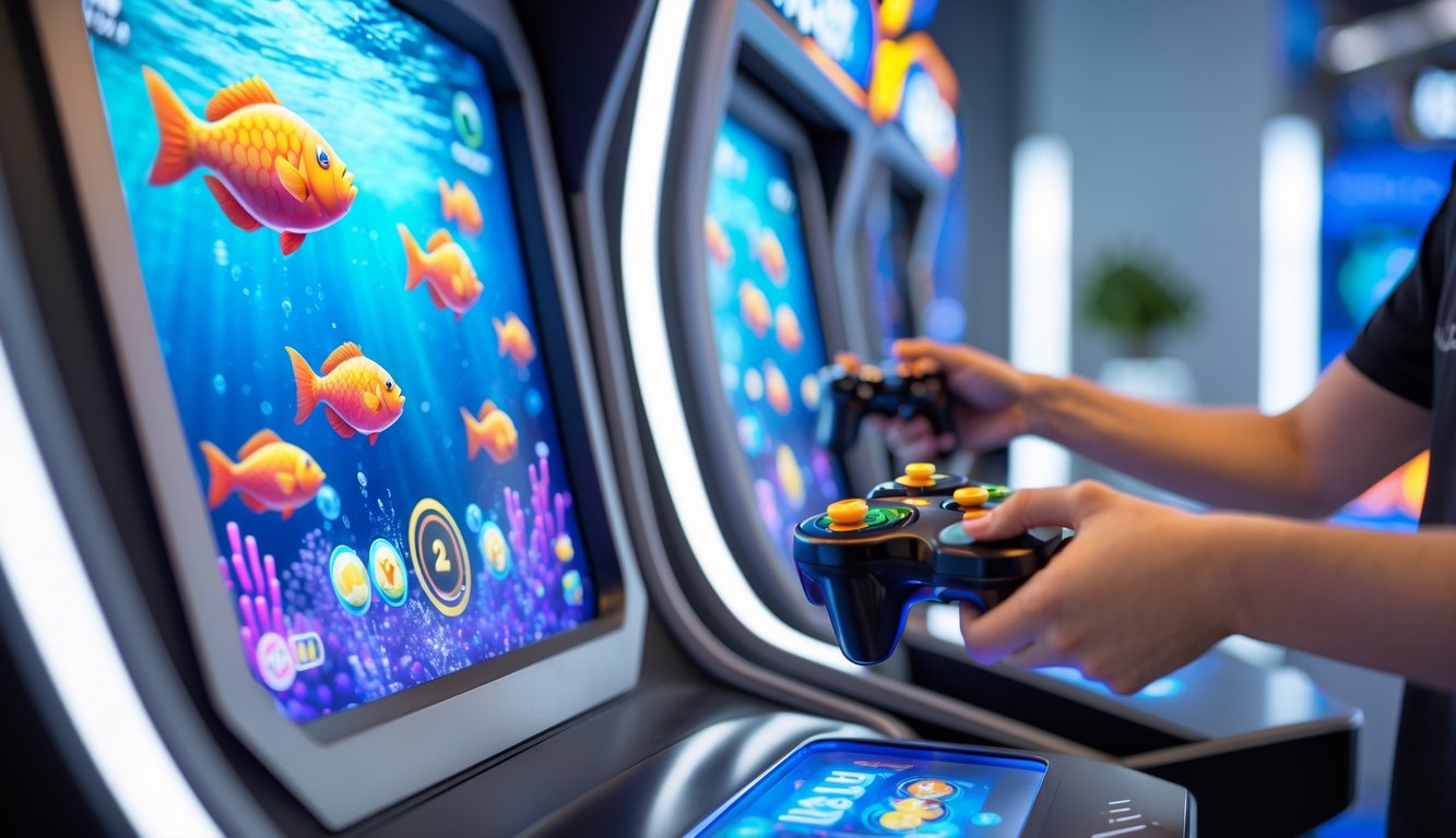 Seorang pemain sedang menembak target ikan di permainan judi tembak ikan modern menggunakan kontroler.