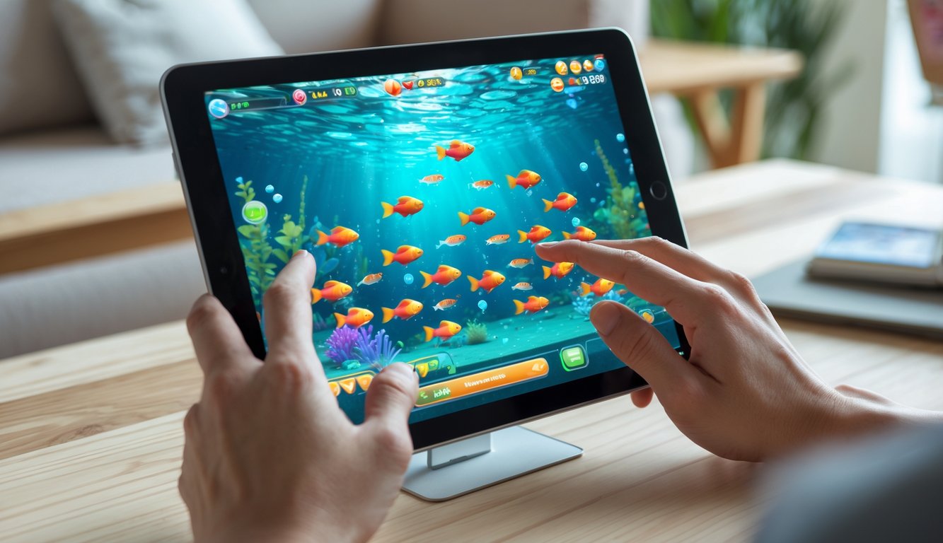 Seseorang bermain permainan tembak ikan digital di tablet dengan latar ruangan nyaman dan pencahayaan alami.