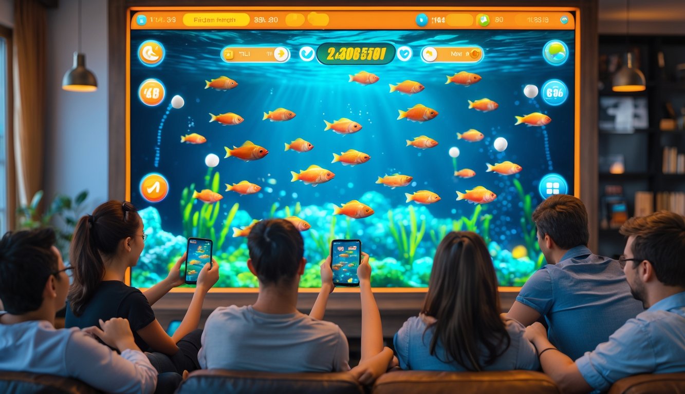 Orang-orang bermain permainan tembak ikan online dengan latar belakang bawah laut yang berwarna-warni dan antarmuka digital interaktif.