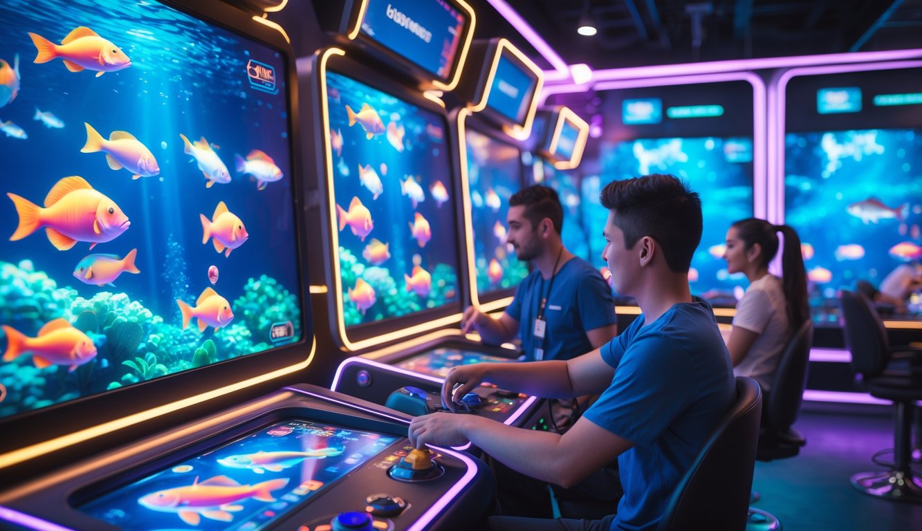 Orang-orang bermain permainan tembak ikan digital di lingkungan arcade dengan layar besar dan efek cahaya neon.