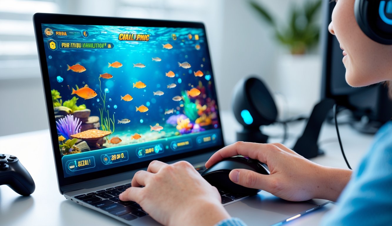 Seseorang bermain permainan tembak ikan online di komputer dengan latar belakang ruangan yang rapi dan terang.