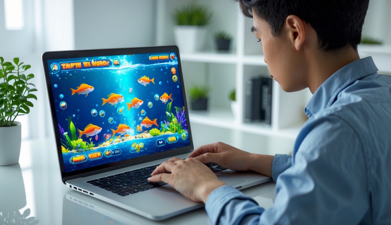 Seseorang sedang bermain permainan judi tembak ikan di laptop di meja kerja dengan fokus.