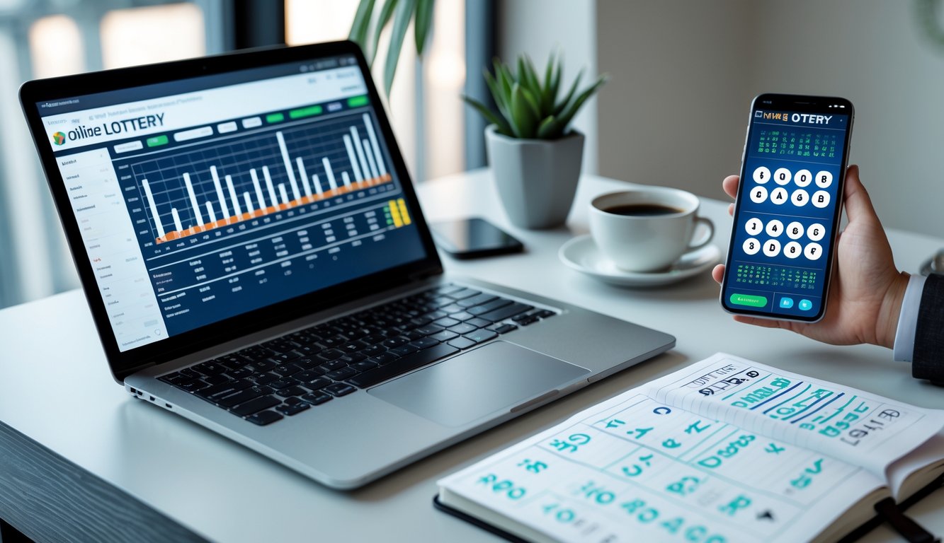 Meja kerja dengan laptop, ponsel, dan buku catatan yang menunjukkan aktivitas bermain togel online dengan pola pola yang efektif.