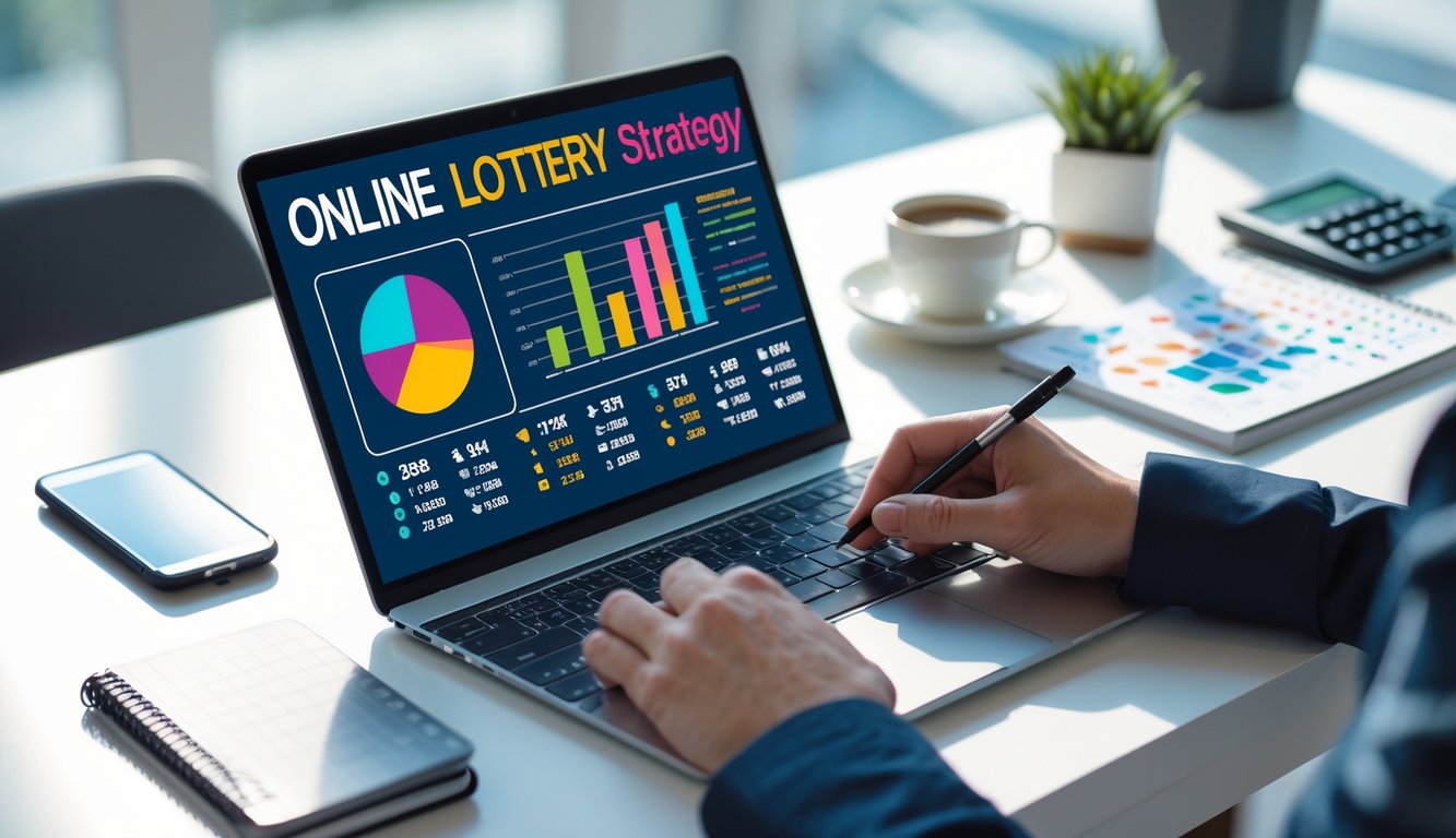 Meja kerja dengan laptop yang menampilkan grafik dan data statistik, tangan seseorang sedang mencatat di buku catatan, di sekitar meja terdapat smartphone, kopi, dan kalkulator.