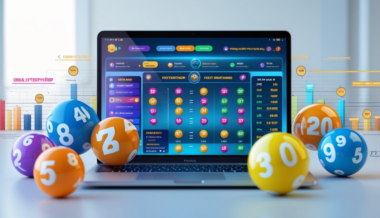 Seorang pria menggunakan laptop dengan tampilan antarmuka lotere online yang menampilkan berbagai pilihan pasar dan hasil cepat.