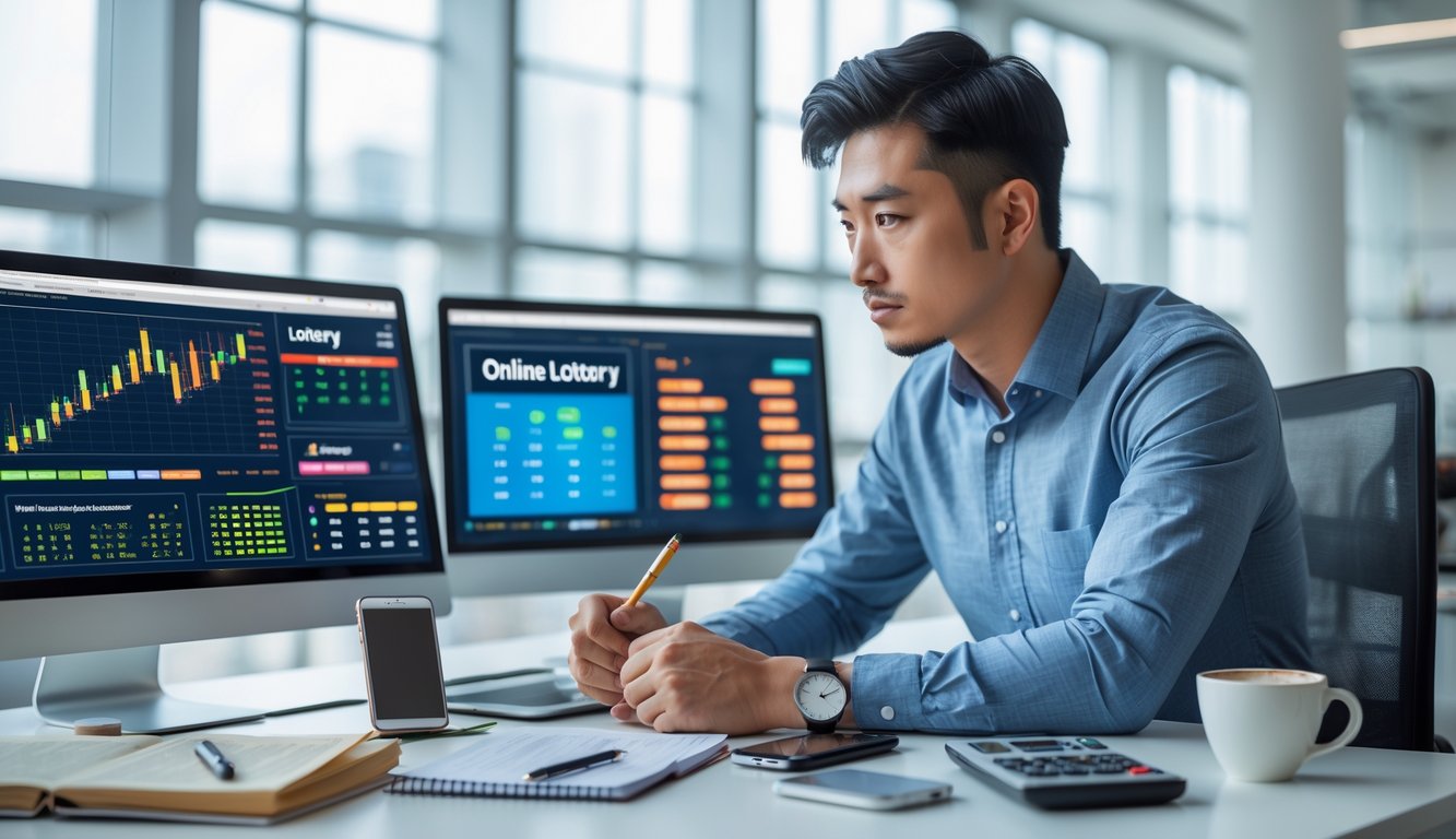 Seorang pria muda sedang fokus menganalisis data di depan beberapa layar komputer di sebuah kantor modern.