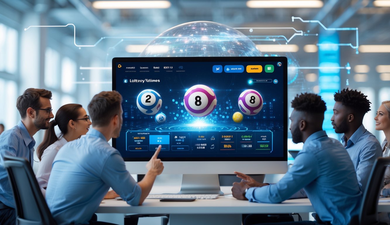 Orang-orang sedang melihat layar komputer besar dengan tampilan undian langsung dan pembaruan hasil secara real-time di sebuah kantor modern.