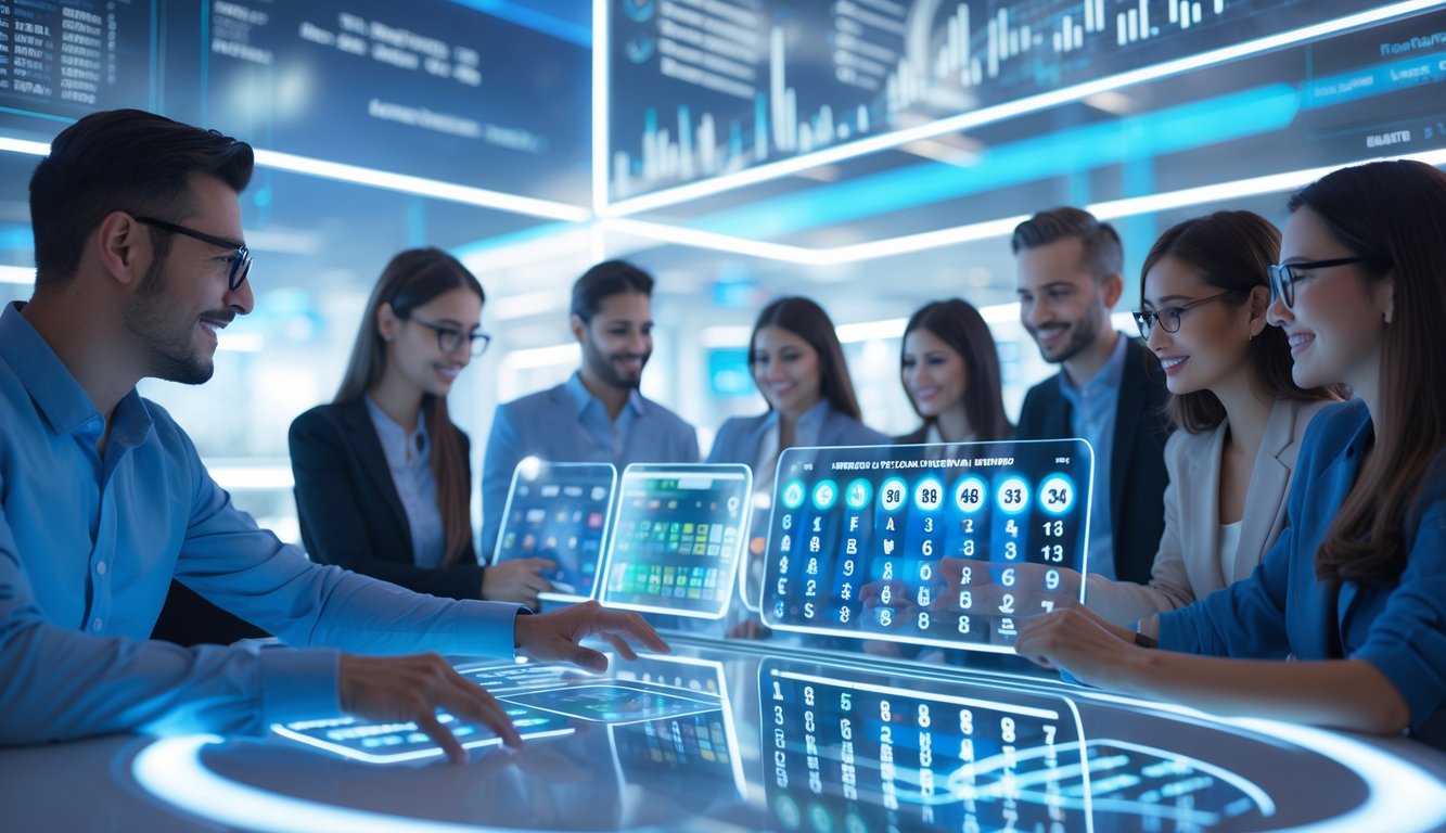 Orang-orang menggunakan teknologi modern untuk bermain togel online dalam suasana digital yang futuristik.