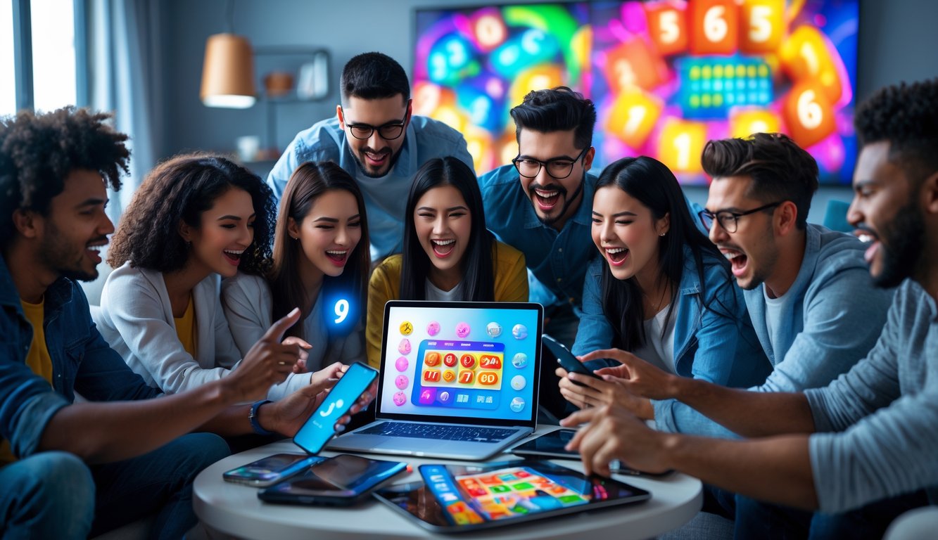 Sekelompok orang muda bermain permainan togel online dengan antusias di ruang tamu modern.