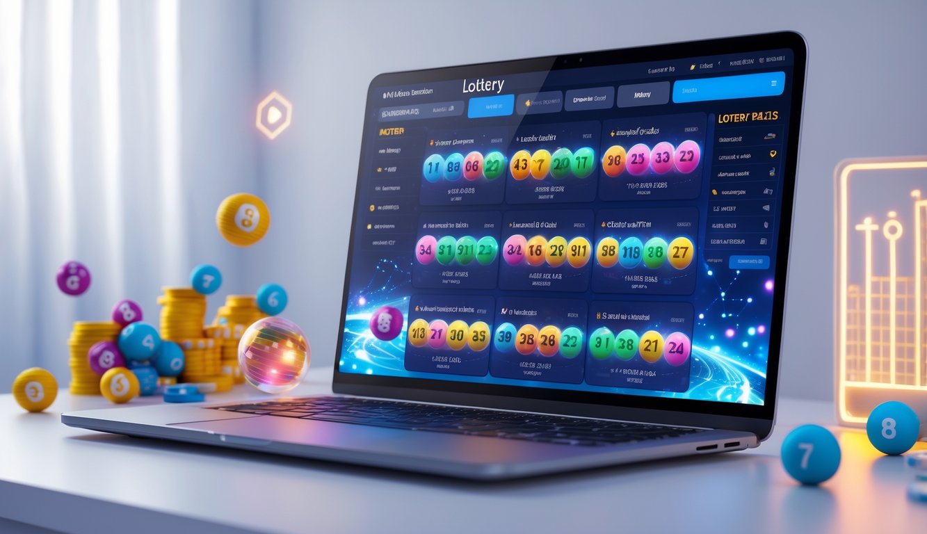 Seseorang menggunakan laptop dengan tampilan antarmuka lotere online yang menampilkan angka dan hasil langsung.