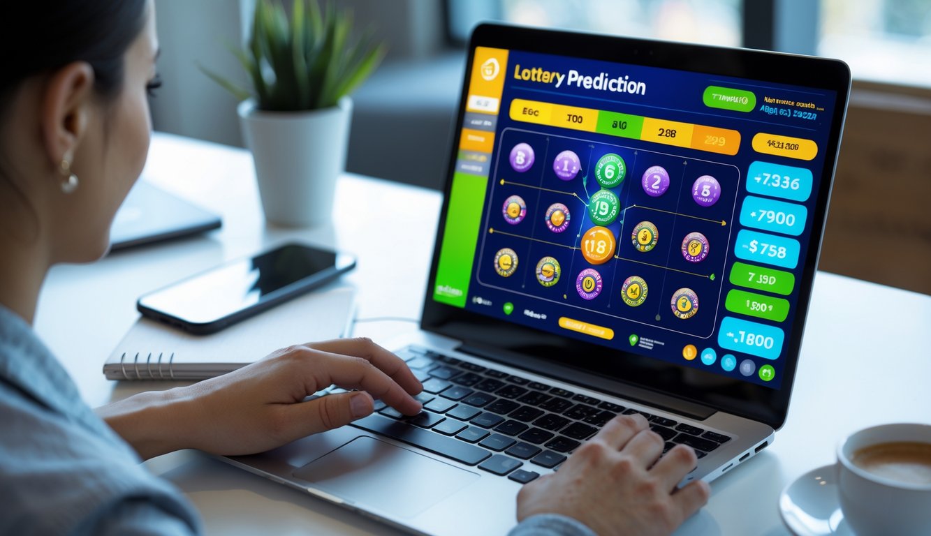 Seseorang menggunakan laptop dengan antarmuka permainan togel online interaktif di meja kerja modern.