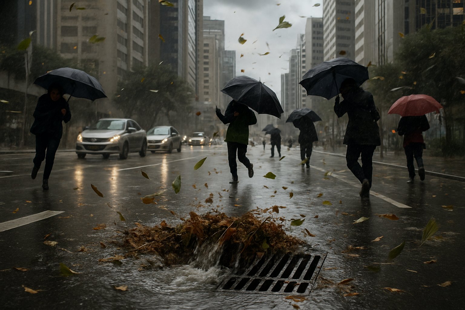 Rua movimentada em São Paulo com vento forte, folhas e detritos acumulados em bueiro entupido, pessoas com guarda-chuvas e carros passando por poças d'água.